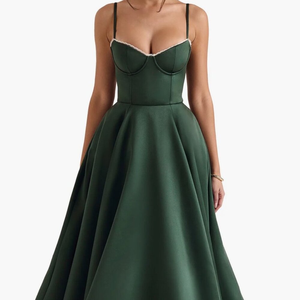 Mademoiselle Bustier Stretch Satin Midi Dress